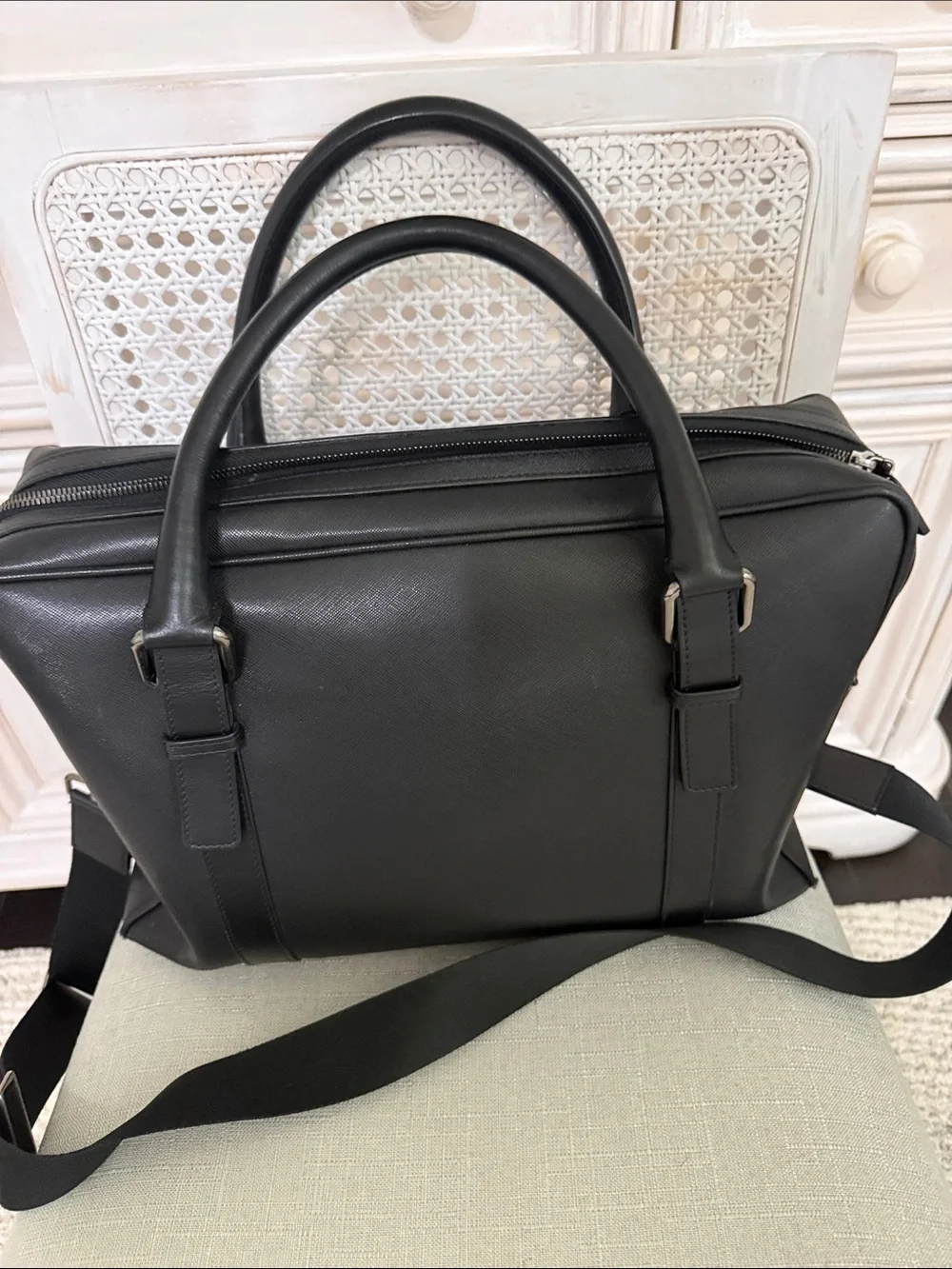 Lamborghini Black Leather Laptop Briefcase with Shoulder Strap